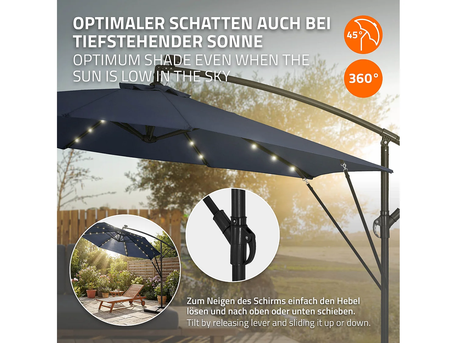 ML-Design Sombrilla de jardín con LED solar Ø300cm de aluminio azul marino parasol volafiza de terraza con soporte, giratoria 360° e inclinable