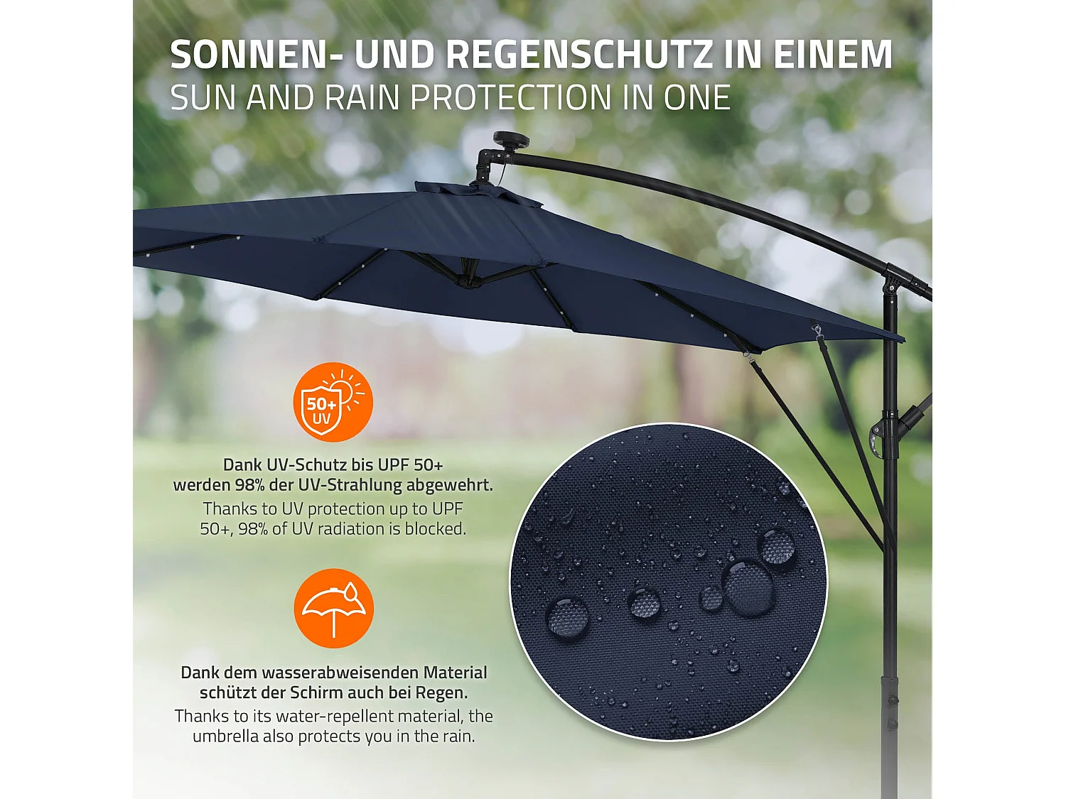 ML-Design Sombrilla de jardín con LED solar Ø300cm de aluminio azul marino parasol volafiza de terraza con soporte, giratoria 360° e inclinable