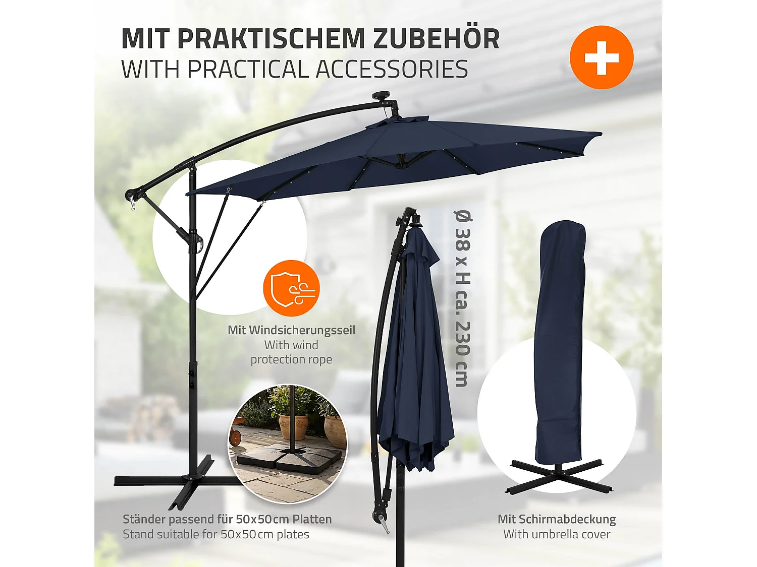 ML-Design Sombrilla de jardín con LED solar Ø300cm de aluminio azul marino parasol volafiza de terraza con soporte, giratoria 360° e inclinable