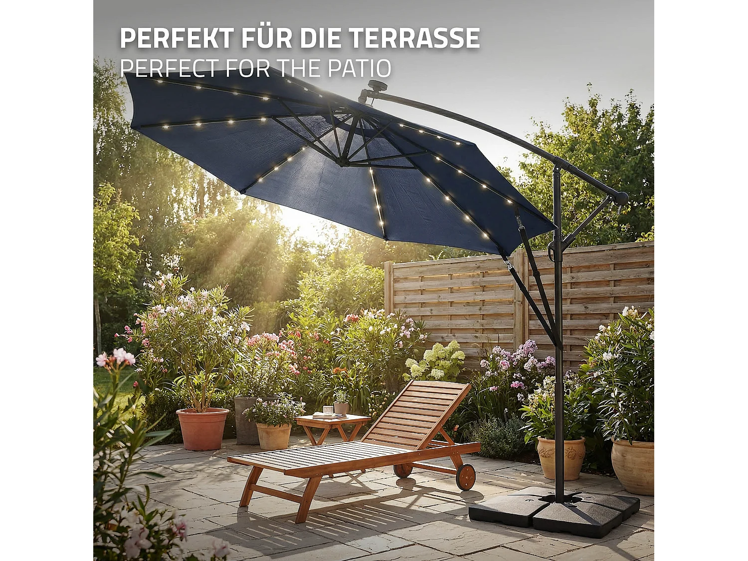 ML-Design Sombrilla de jardín con LED solar Ø300cm de aluminio azul marino parasol volafiza de terraza con soporte, giratoria 360° e inclinable