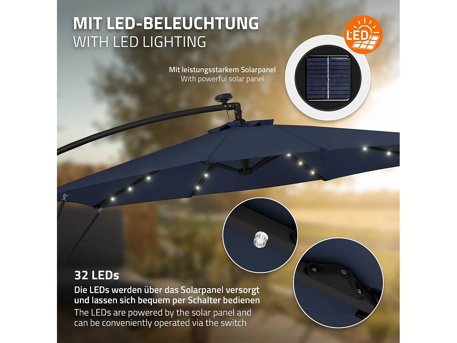 ML-Design Sombrilla de jardín con LED solar Ø300cm de aluminio azul marino parasol volafiza de terraza con soporte, giratoria 360° e inclinable