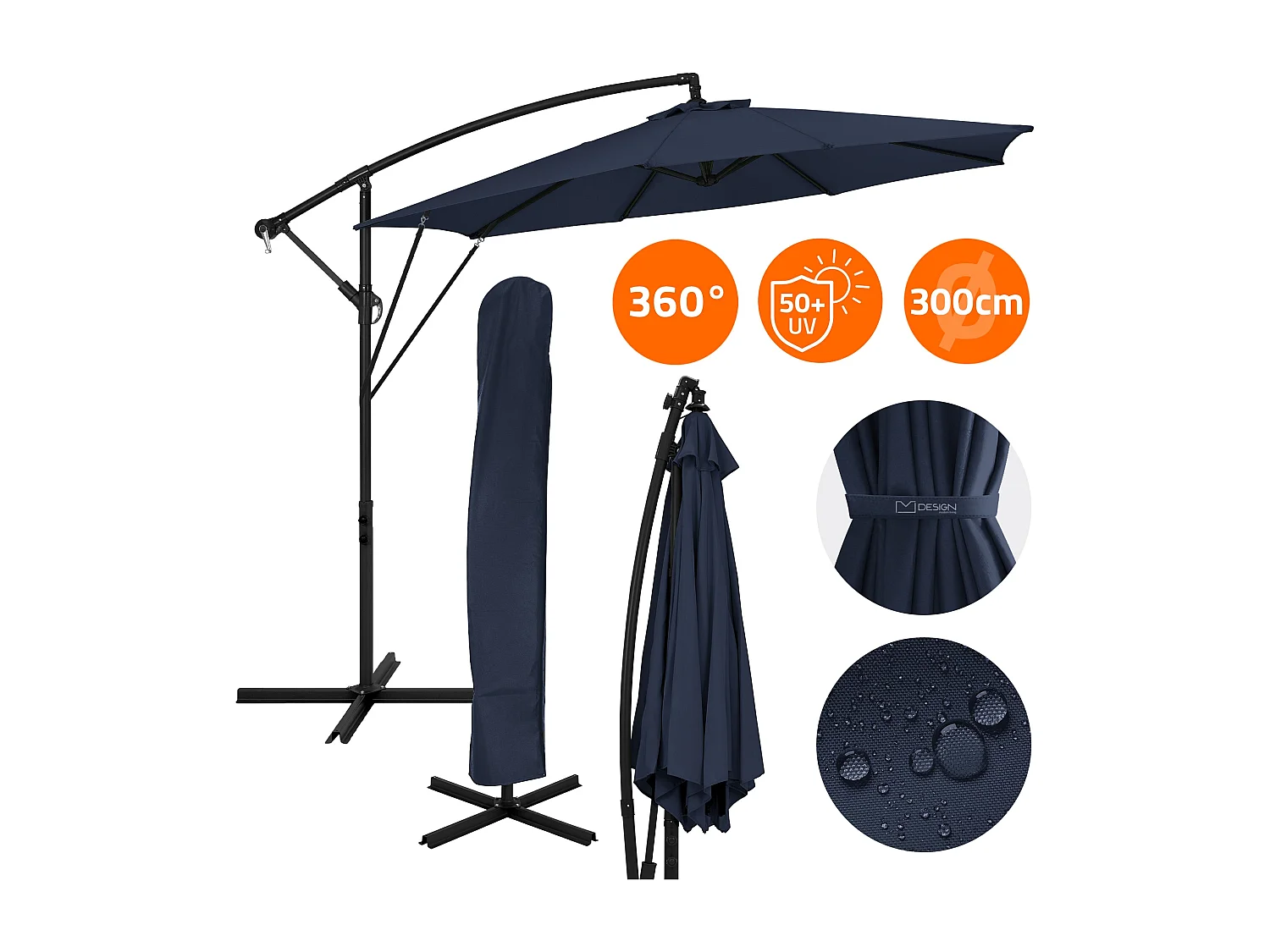 ML-Design Sombrilla de jardín Ø300cm de aluminio azul marino parasol volafiza de terraza con soporte, giratoria 360° e inclinable con manivela