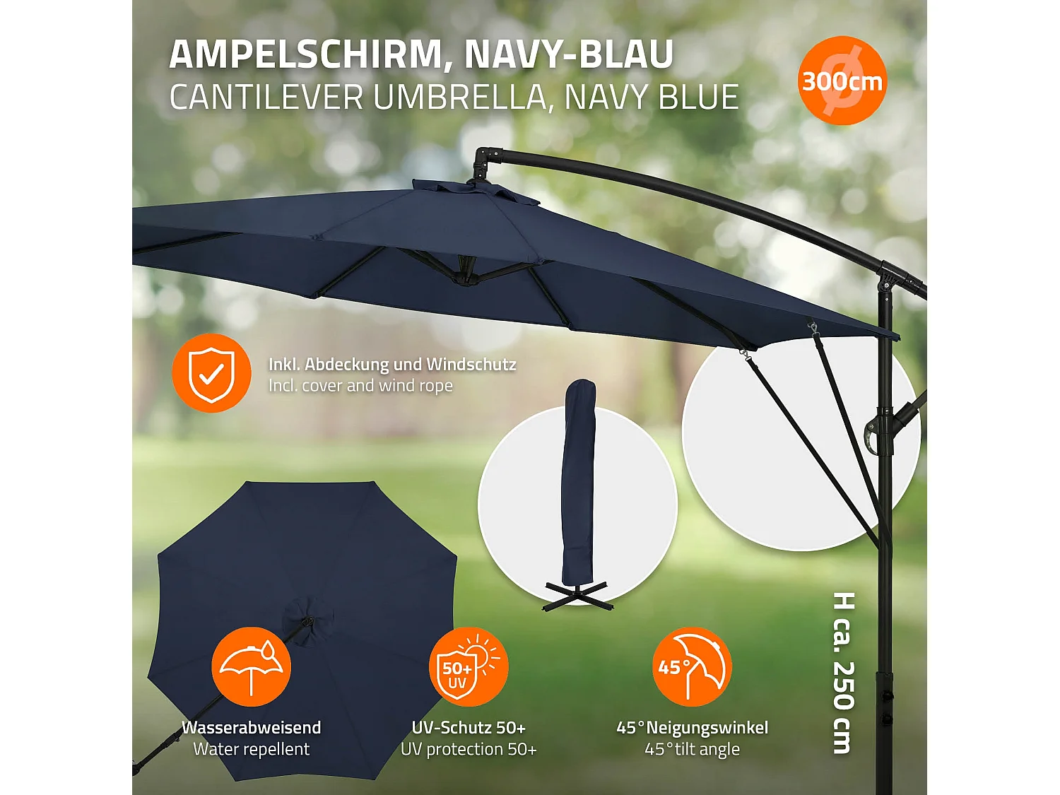 ML-Design Sombrilla de jardín Ø300cm de aluminio azul marino parasol volafiza de terraza con soporte, giratoria 360° e inclinable con manivela