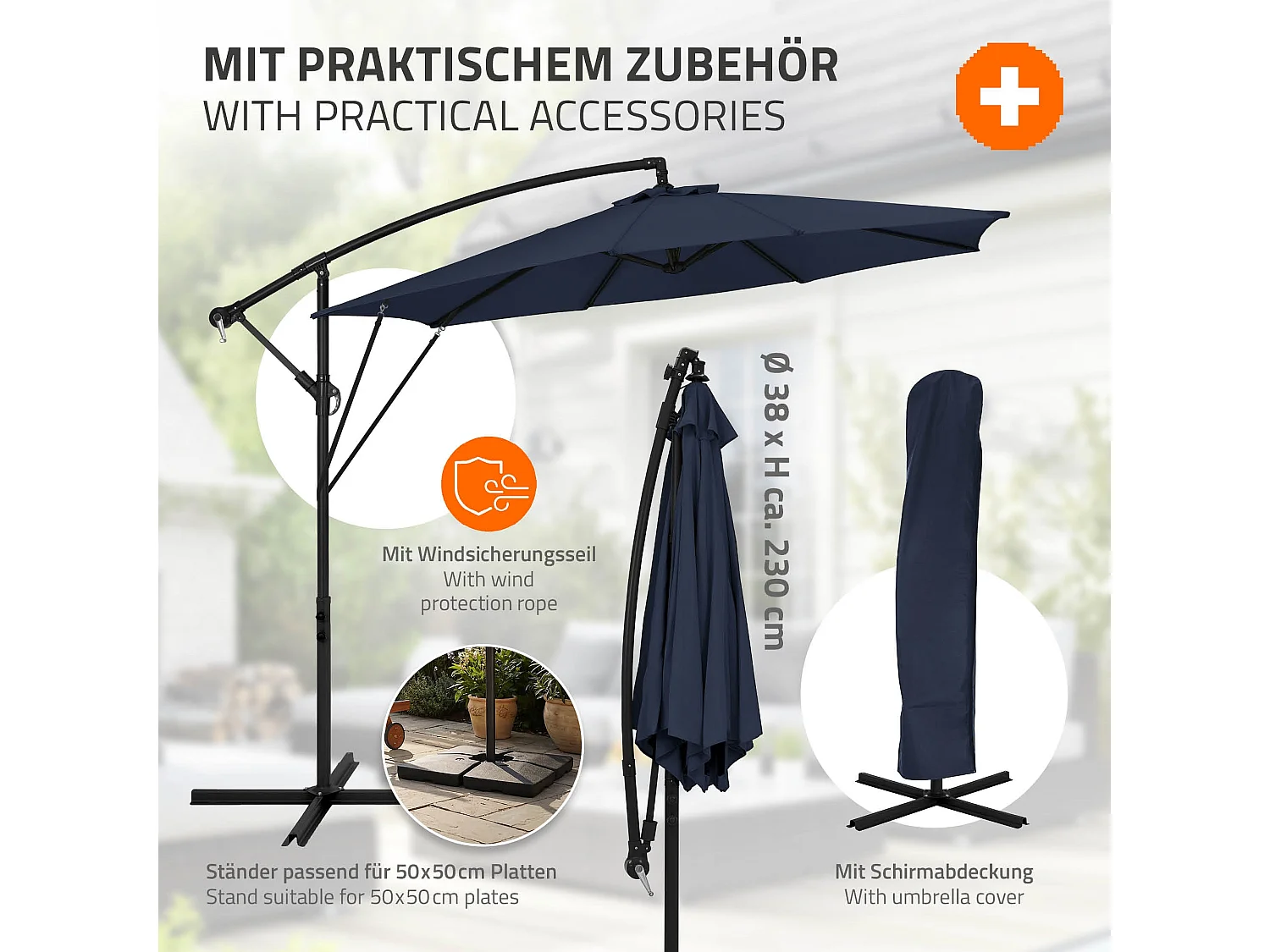 ML-Design Sombrilla de jardín Ø300cm de aluminio azul marino parasol volafiza de terraza con soporte, giratoria 360° e inclinable con manivela