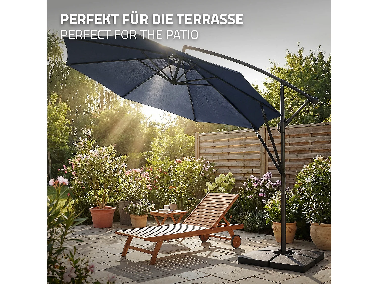 ML-Design Sombrilla de jardín Ø300cm de aluminio azul marino parasol volafiza de terraza con soporte, giratoria 360° e inclinable con manivela