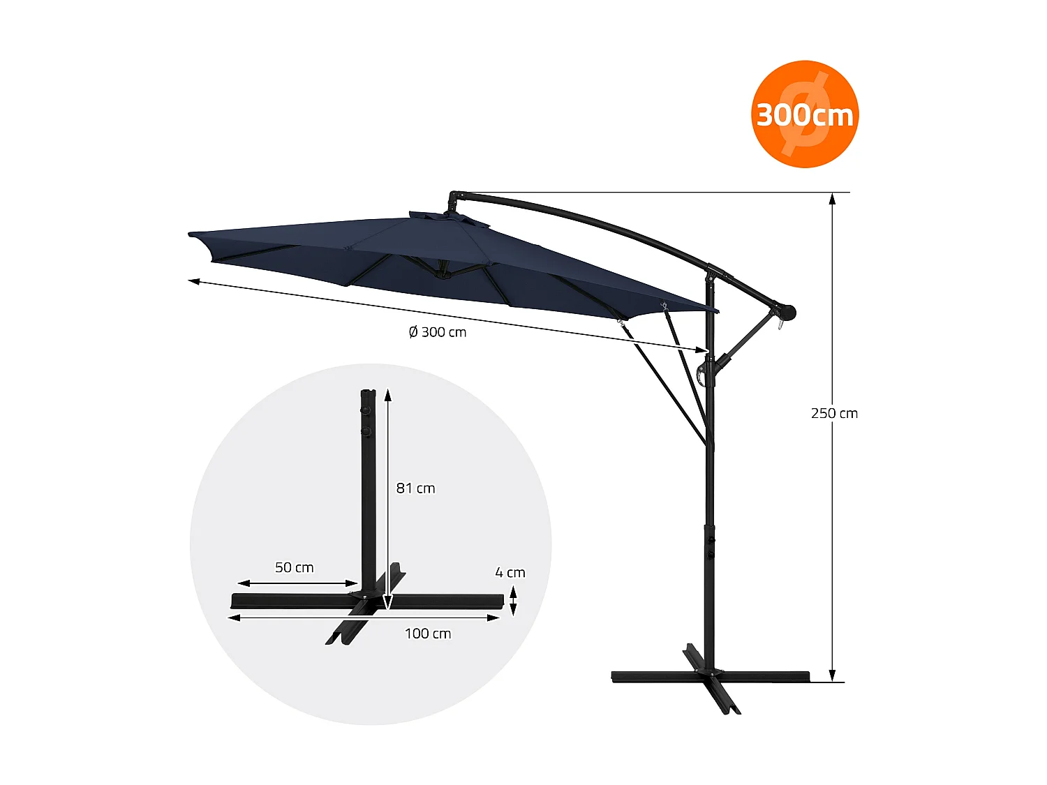 ML-Design Sombrilla de jardín Ø300cm de aluminio azul marino parasol volafiza de terraza con soporte, giratoria 360° e inclinable con manivela