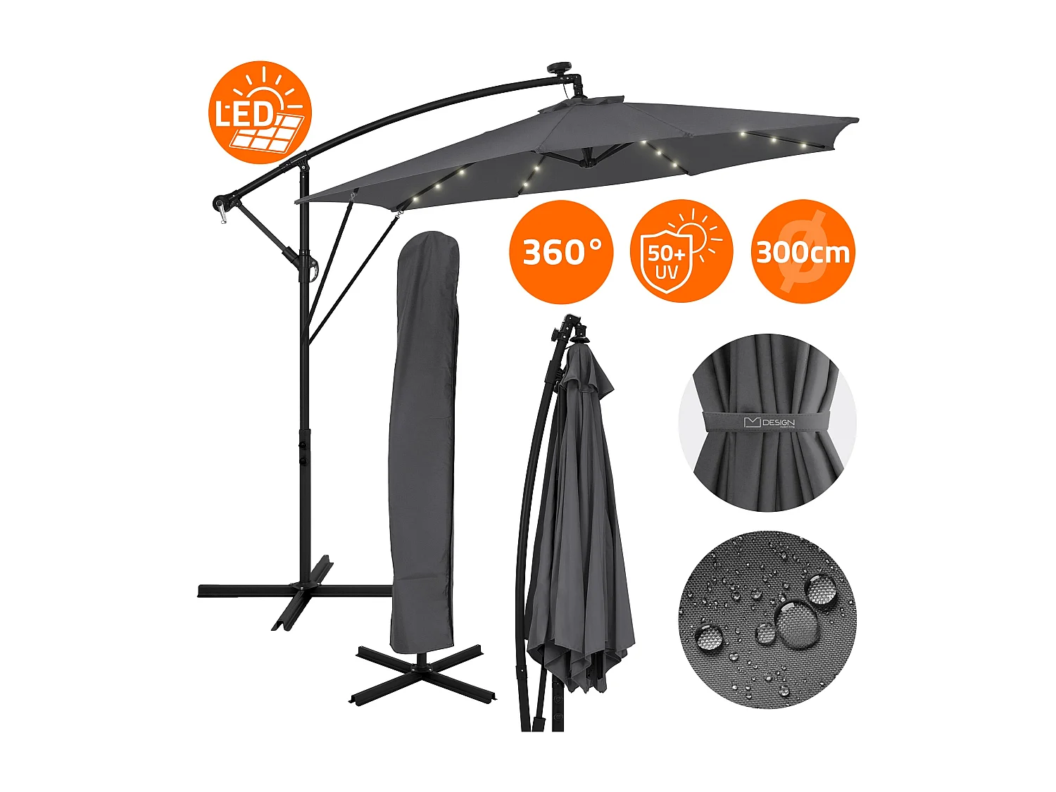 ML-Design Sombrilla de jardín con LED solar Ø300cm de aluminio antracita parasol volafiza de terraza con soporte, giratoria 360° e inclinable