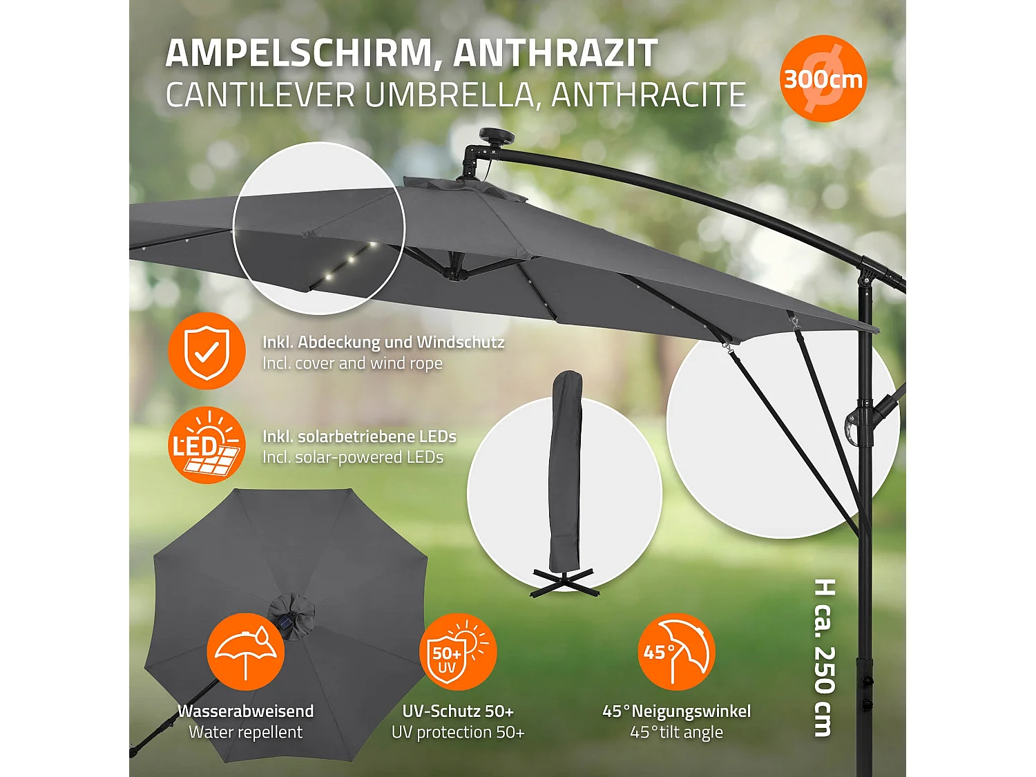 ML-Design Sombrilla de jardín con LED solar Ø300cm de aluminio antracita parasol volafiza de terraza con soporte, giratoria 360° e inclinable