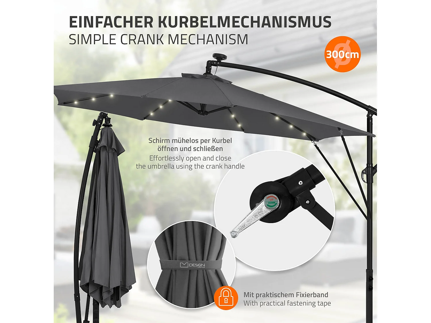 ML-Design Sombrilla de jardín con LED solar Ø300cm de aluminio antracita parasol volafiza de terraza con soporte, giratoria 360° e inclinable