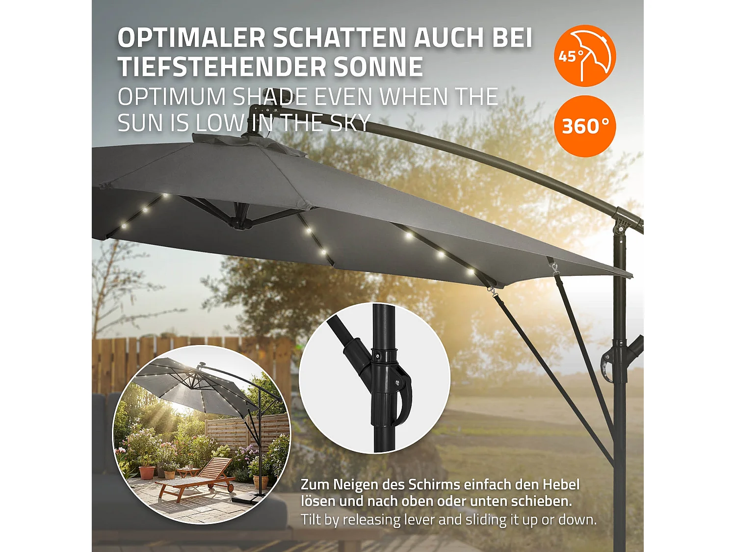 ML-Design Sombrilla de jardín con LED solar Ø300cm de aluminio antracita parasol volafiza de terraza con soporte, giratoria 360° e inclinable