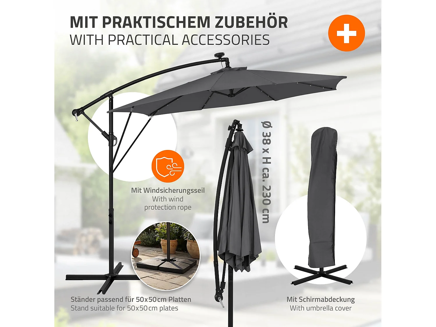 ML-Design Sombrilla de jardín con LED solar Ø300cm de aluminio antracita parasol volafiza de terraza con soporte, giratoria 360° e inclinable
