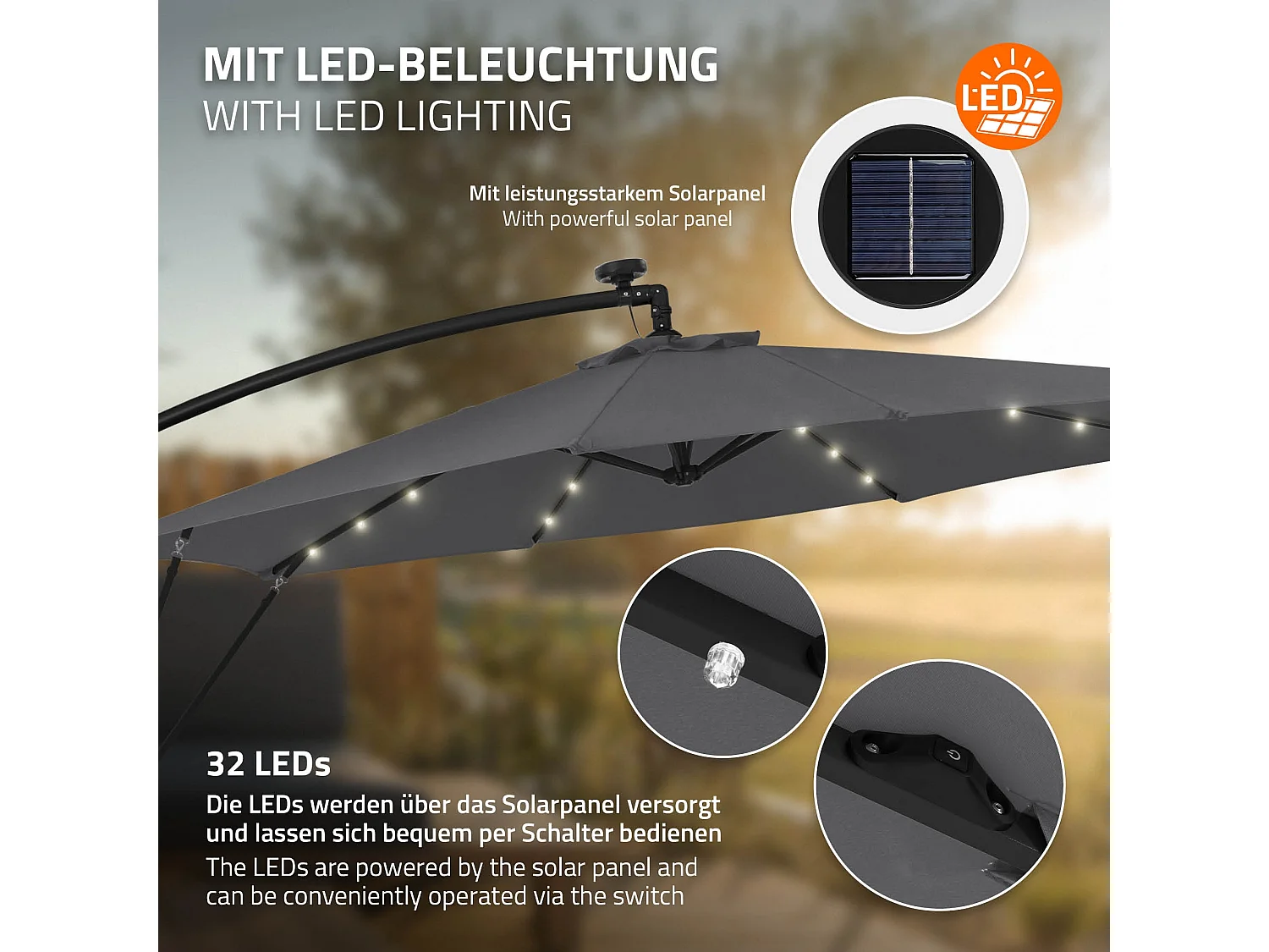 ML-Design Sombrilla de jardín con LED solar Ø300cm de aluminio antracita parasol volafiza de terraza con soporte, giratoria 360° e inclinable