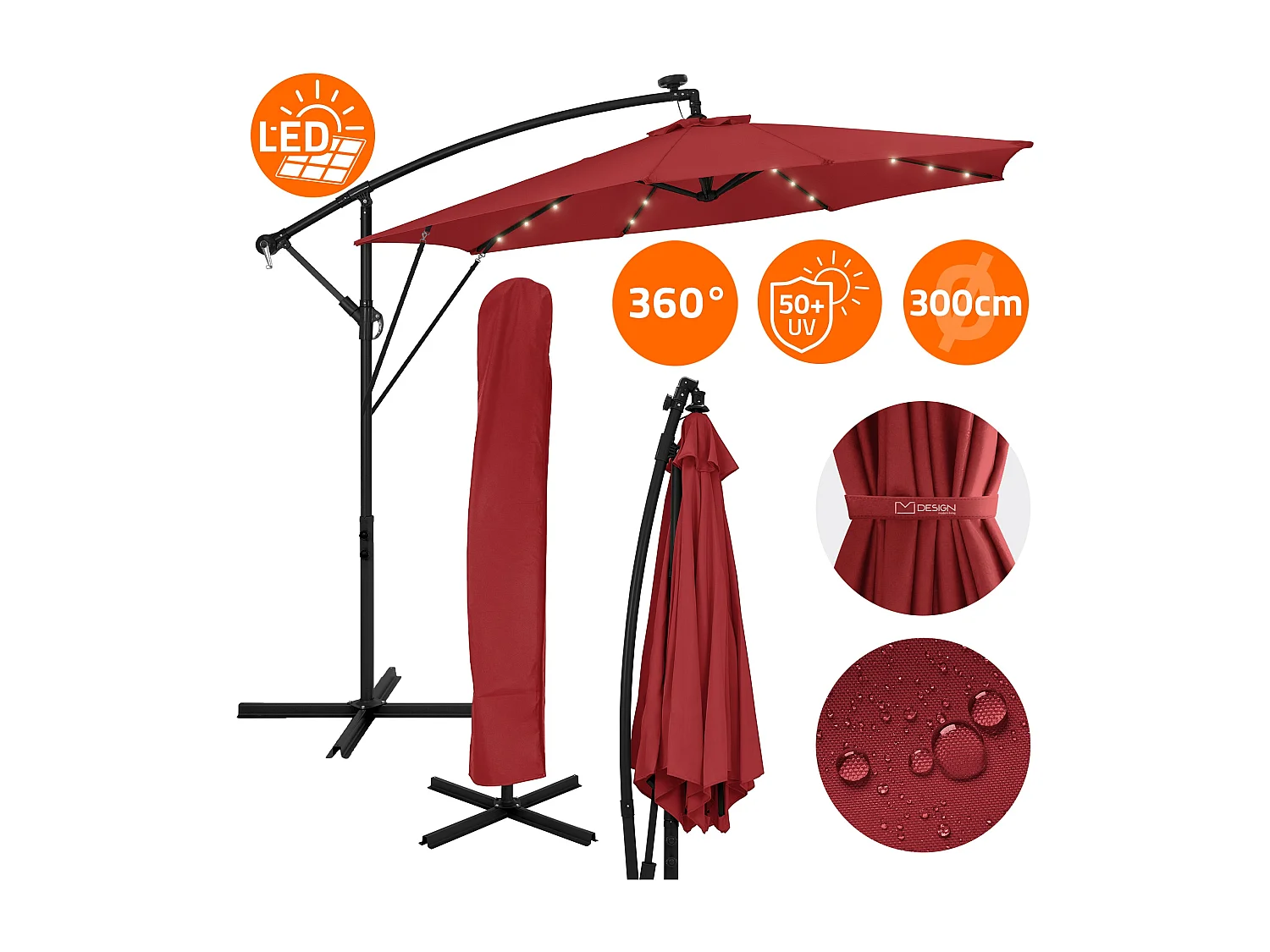 ML-Design Sombrilla de jardín con LED solar Ø300cm de aluminio rojo parasol volafiza de terraza con soporte, giratoria 360° e inclinable