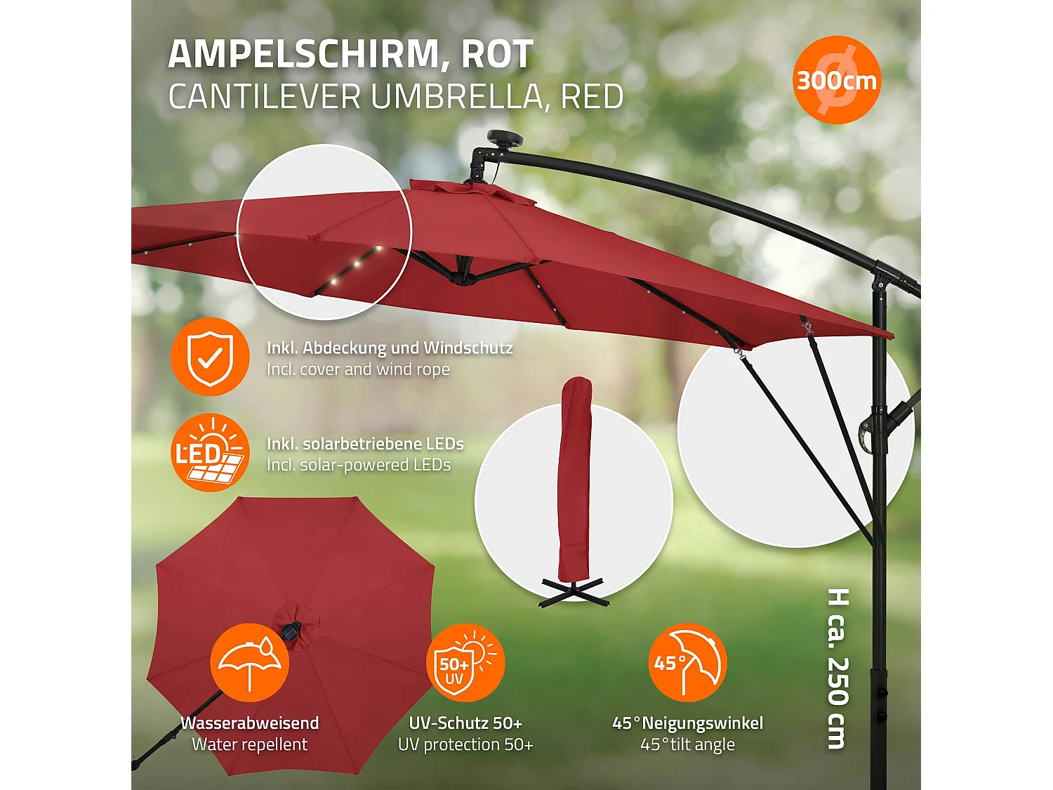 ML-Design Sombrilla de jardín con LED solar Ø300cm de aluminio rojo parasol volafiza de terraza con soporte, giratoria 360° e inclinable