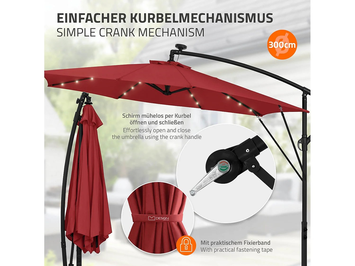 ML-Design Sombrilla de jardín con LED solar Ø300cm de aluminio rojo parasol volafiza de terraza con soporte, giratoria 360° e inclinable