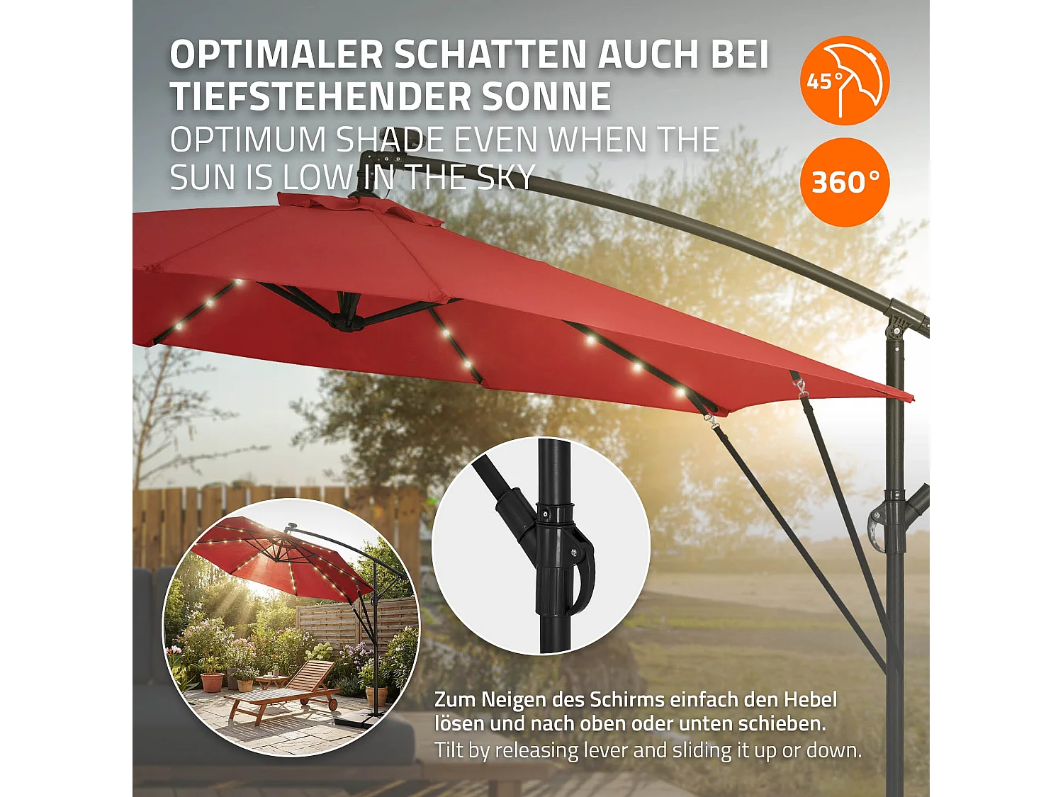 ML-Design Sombrilla de jardín con LED solar Ø300cm de aluminio rojo parasol volafiza de terraza con soporte, giratoria 360° e inclinable