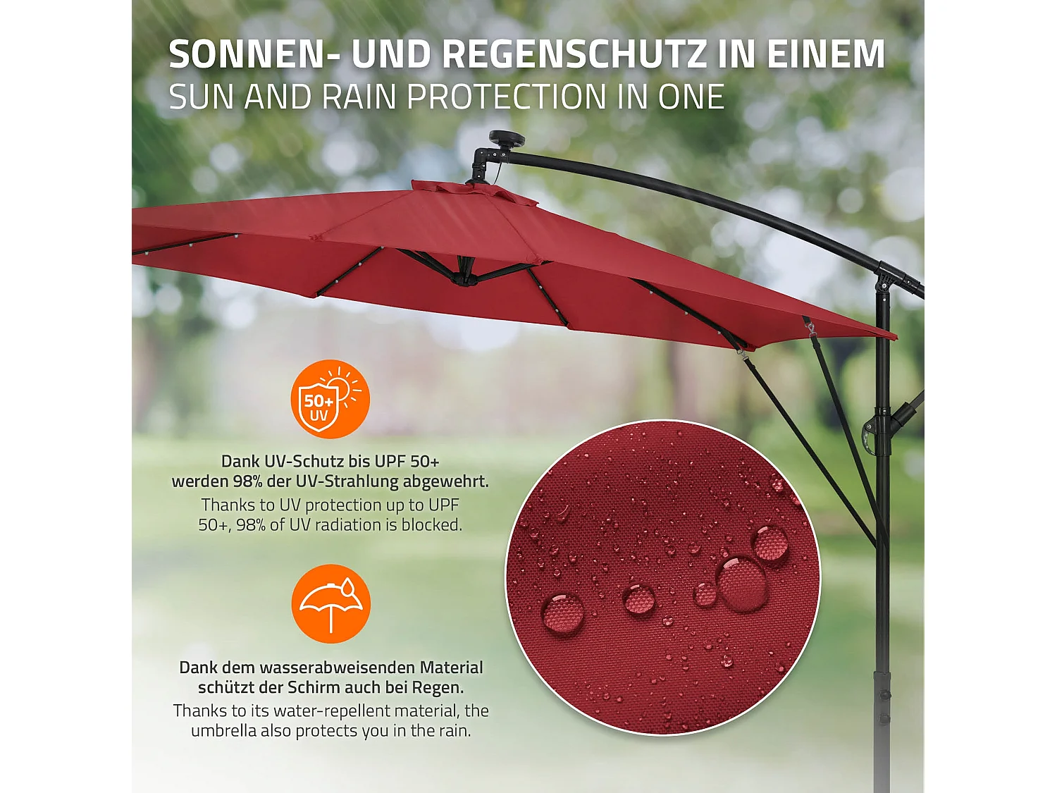 ML-Design Sombrilla de jardín con LED solar Ø300cm de aluminio rojo parasol volafiza de terraza con soporte, giratoria 360° e inclinable