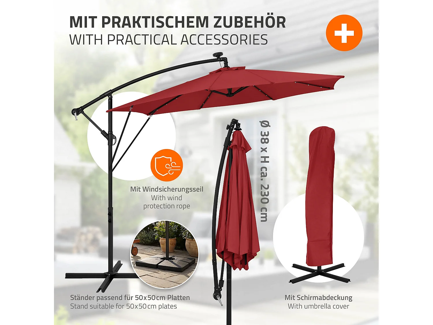 ML-Design Sombrilla de jardín con LED solar Ø300cm de aluminio rojo parasol volafiza de terraza con soporte, giratoria 360° e inclinable