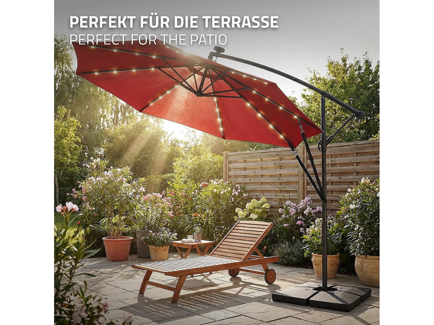 ML-Design Sombrilla de jardín con LED solar Ø300cm de aluminio rojo parasol volafiza de terraza con soporte, giratoria 360° e inclinable