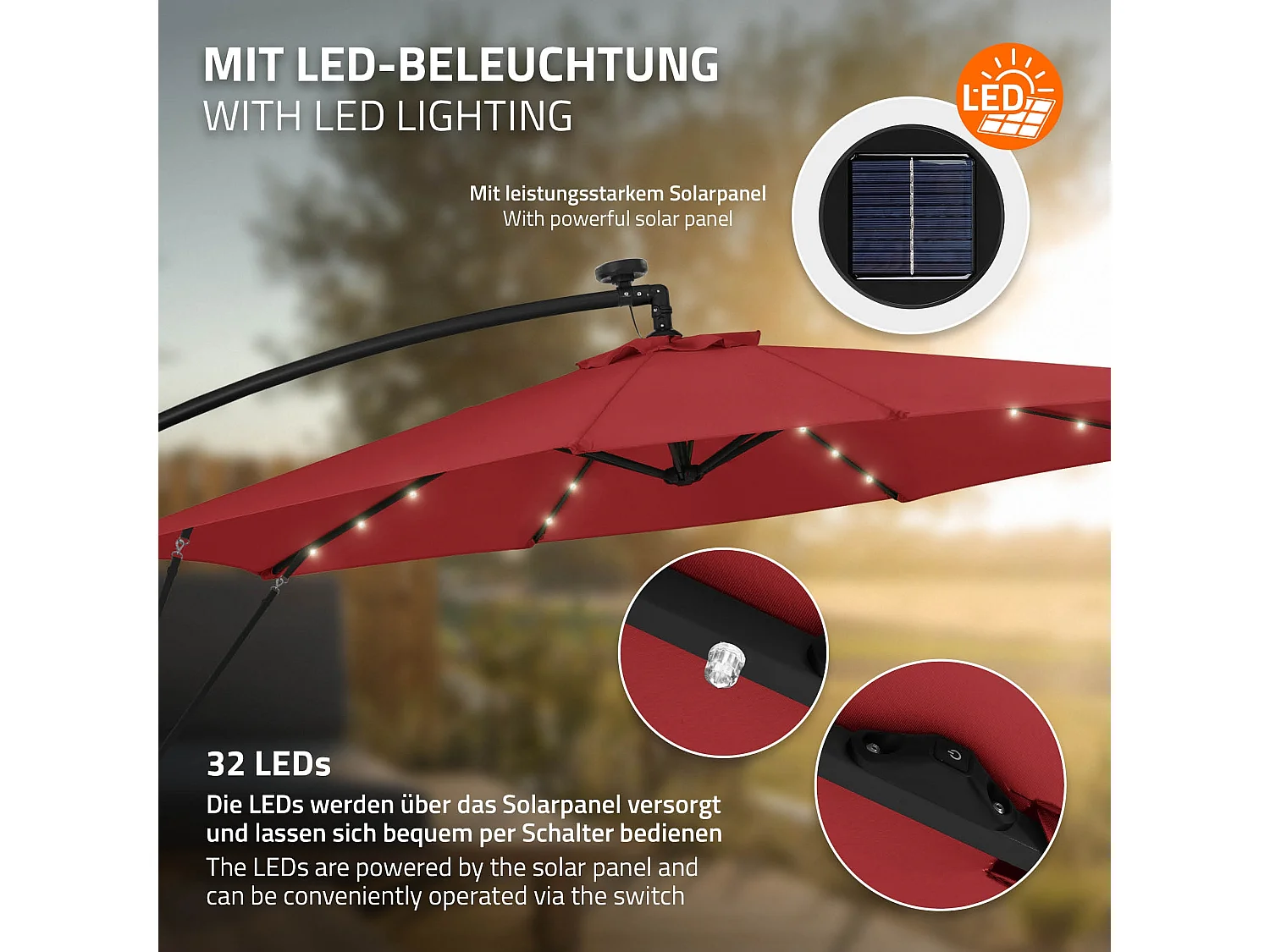 ML-Design Sombrilla de jardín con LED solar Ø300cm de aluminio rojo parasol volafiza de terraza con soporte, giratoria 360° e inclinable