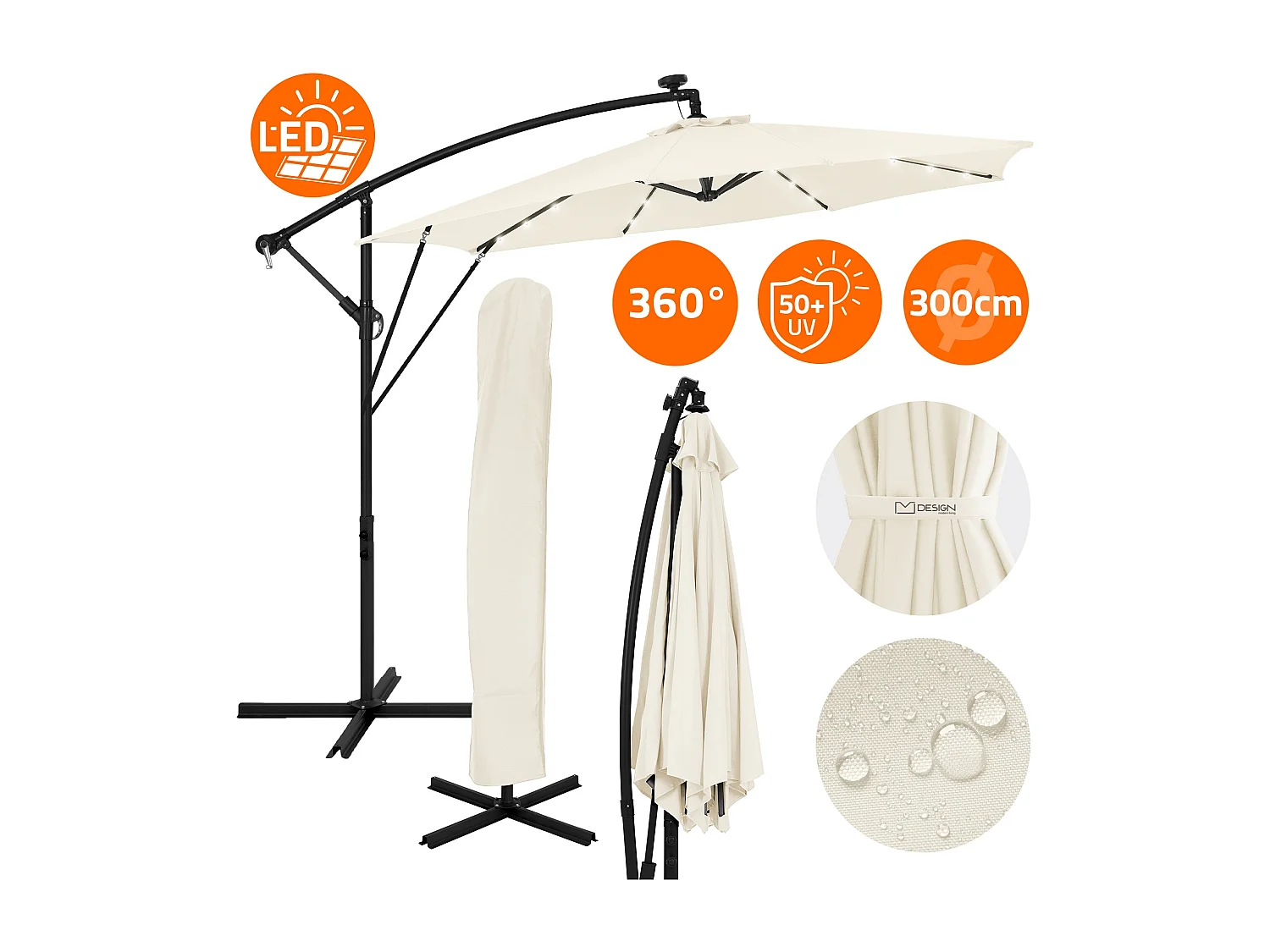 ML-Design Sombrilla de jardín con LED solar Ø300cm de aluminio beige parasol volafiza de terraza con soporte, giratoria 360° e inclinable