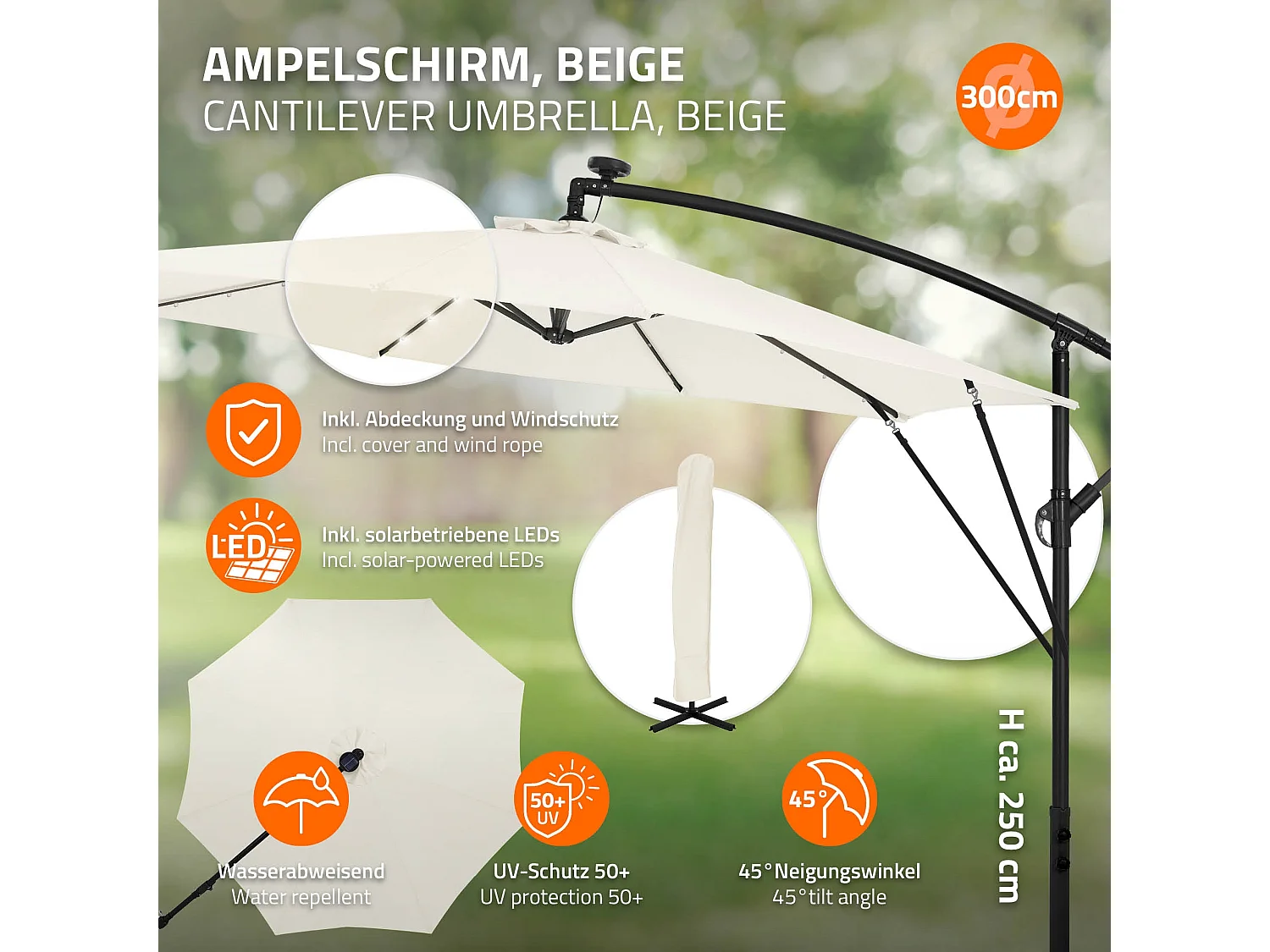 ML-Design Sombrilla de jardín con LED solar Ø300cm de aluminio beige parasol volafiza de terraza con soporte, giratoria 360° e inclinable
