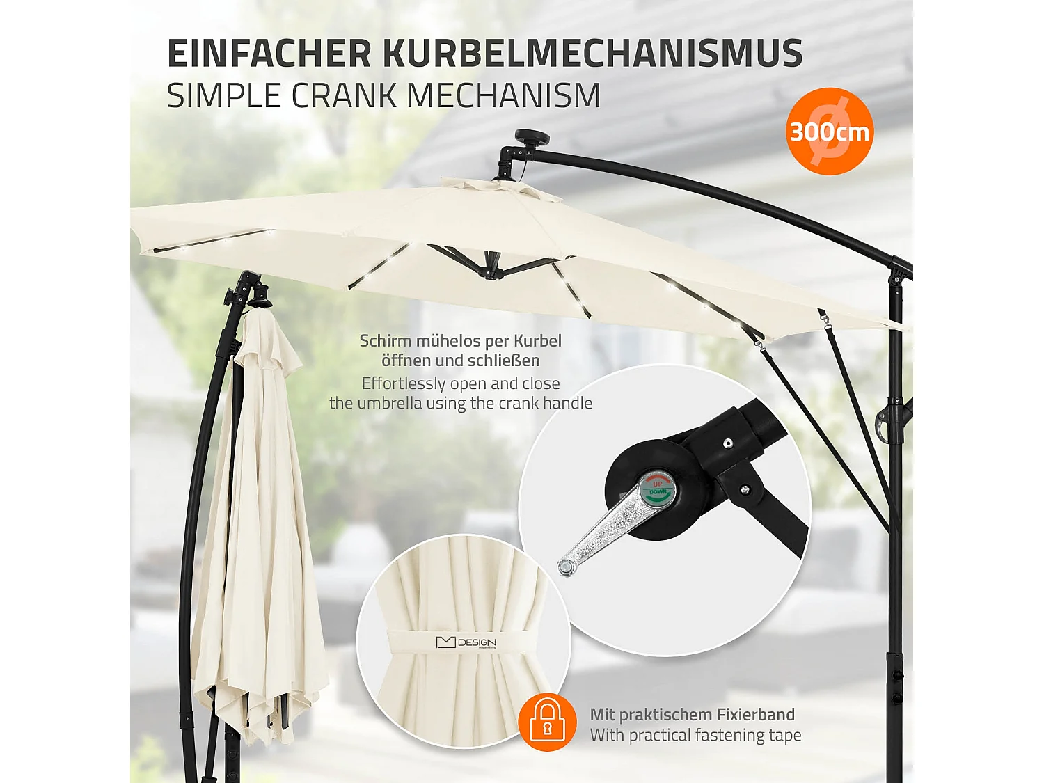 ML-Design Sombrilla de jardín con LED solar Ø300cm de aluminio beige parasol volafiza de terraza con soporte, giratoria 360° e inclinable