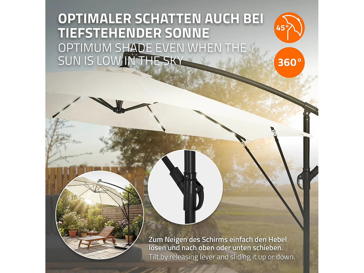 ML-Design Sombrilla de jardín con LED solar Ø300cm de aluminio beige parasol volafiza de terraza con soporte, giratoria 360° e inclinable