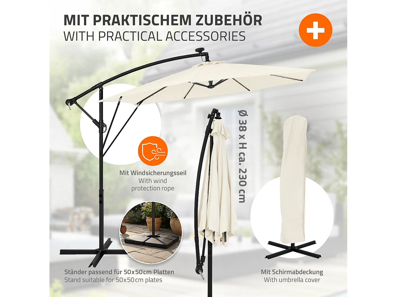 ML-Design Sombrilla de jardín con LED solar Ø300cm de aluminio beige parasol volafiza de terraza con soporte, giratoria 360° e inclinable