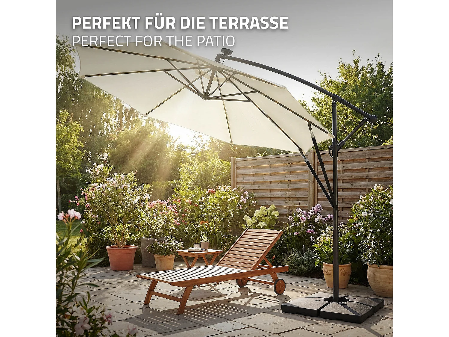 ML-Design Sombrilla de jardín con LED solar Ø300cm de aluminio beige parasol volafiza de terraza con soporte, giratoria 360° e inclinable