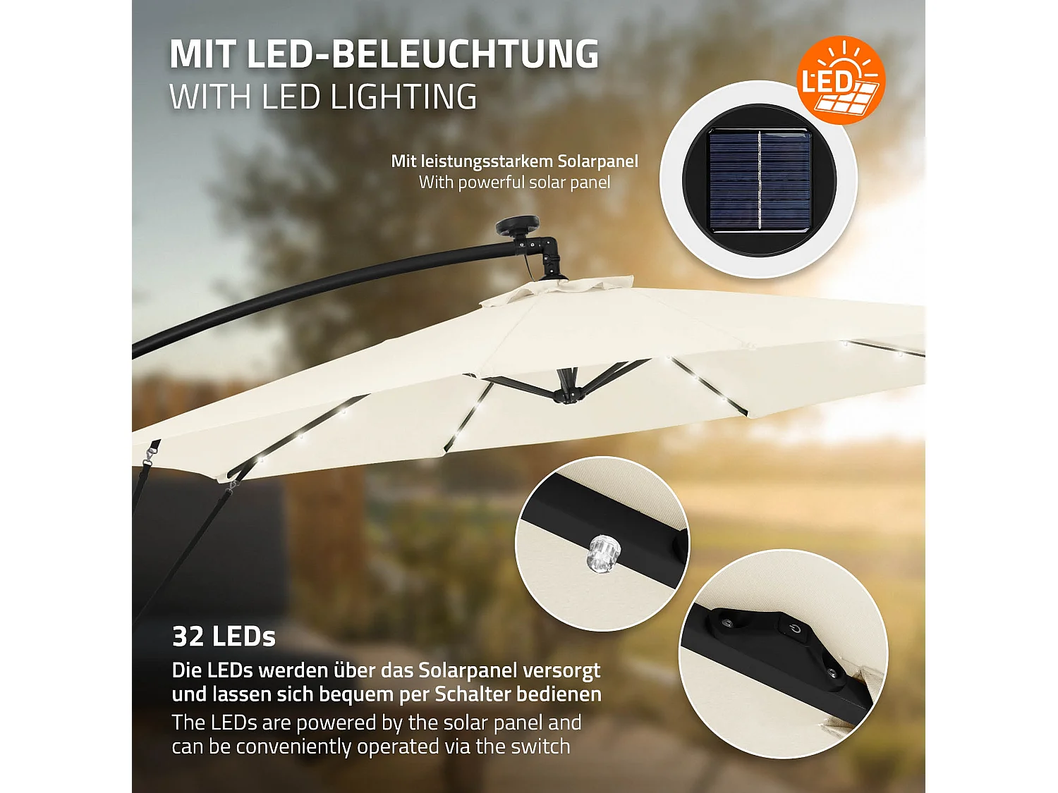 ML-Design Sombrilla de jardín con LED solar Ø300cm de aluminio beige parasol volafiza de terraza con soporte, giratoria 360° e inclinable