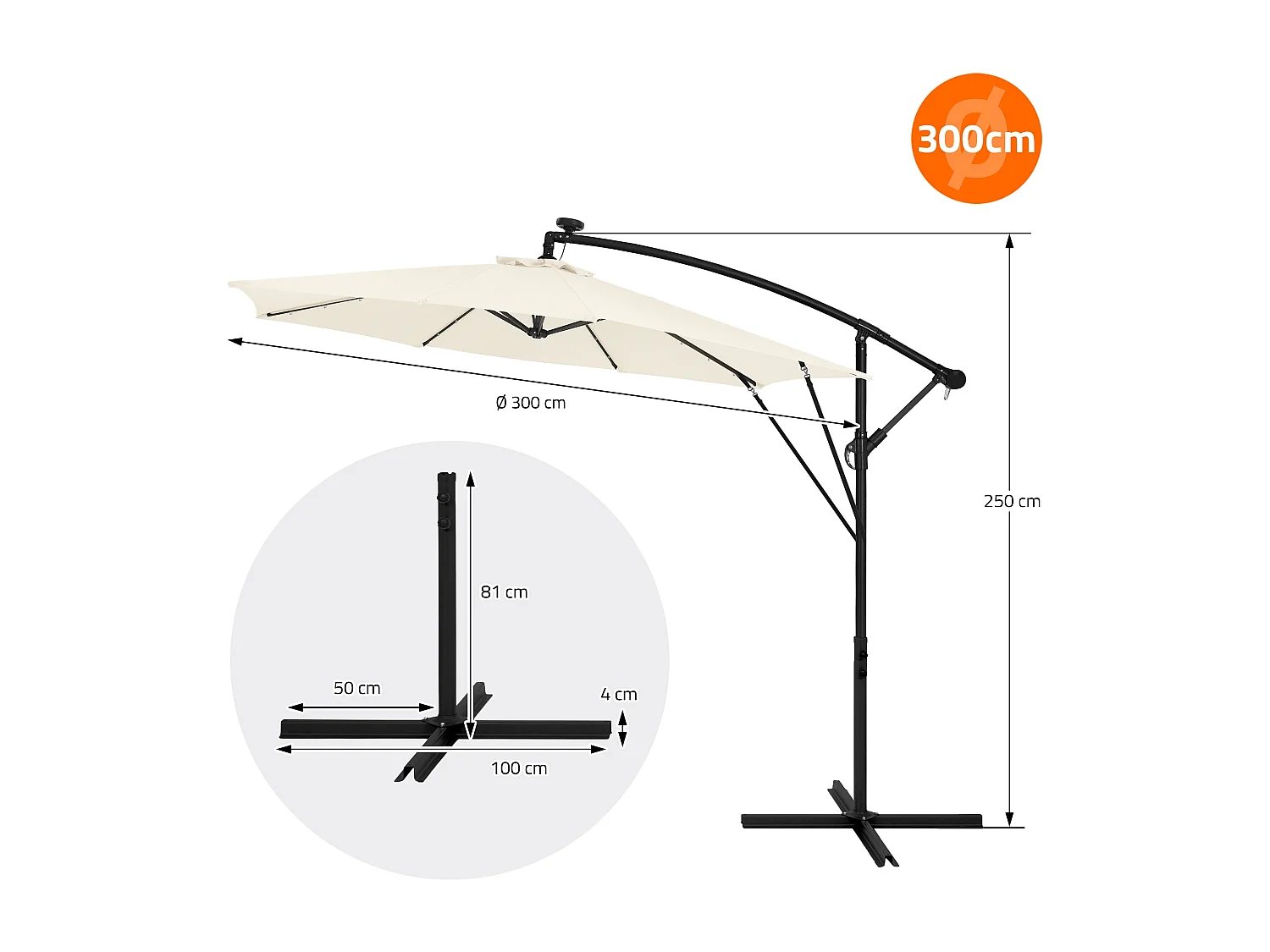 ML-Design Sombrilla de jardín con LED solar Ø300cm de aluminio beige parasol volafiza de terraza con soporte, giratoria 360° e inclinable