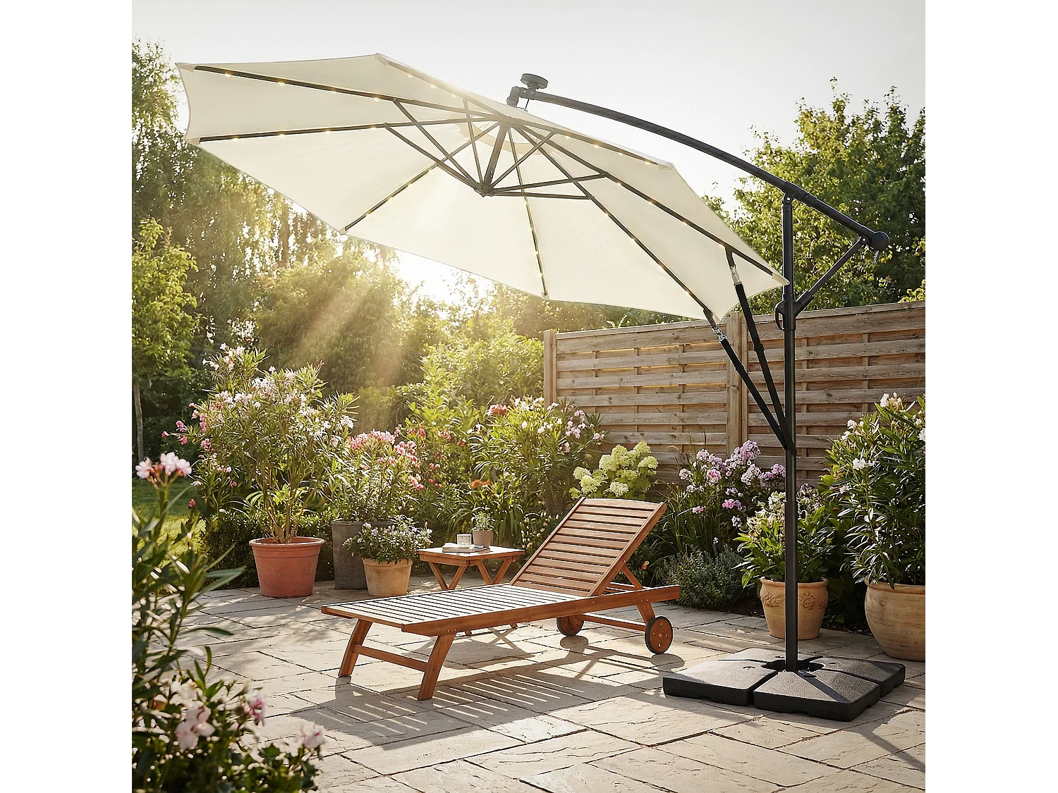 ML-Design Sombrilla de jardín con LED solar Ø300cm de aluminio beige parasol volafiza de terraza con soporte, giratoria 360° e inclinable