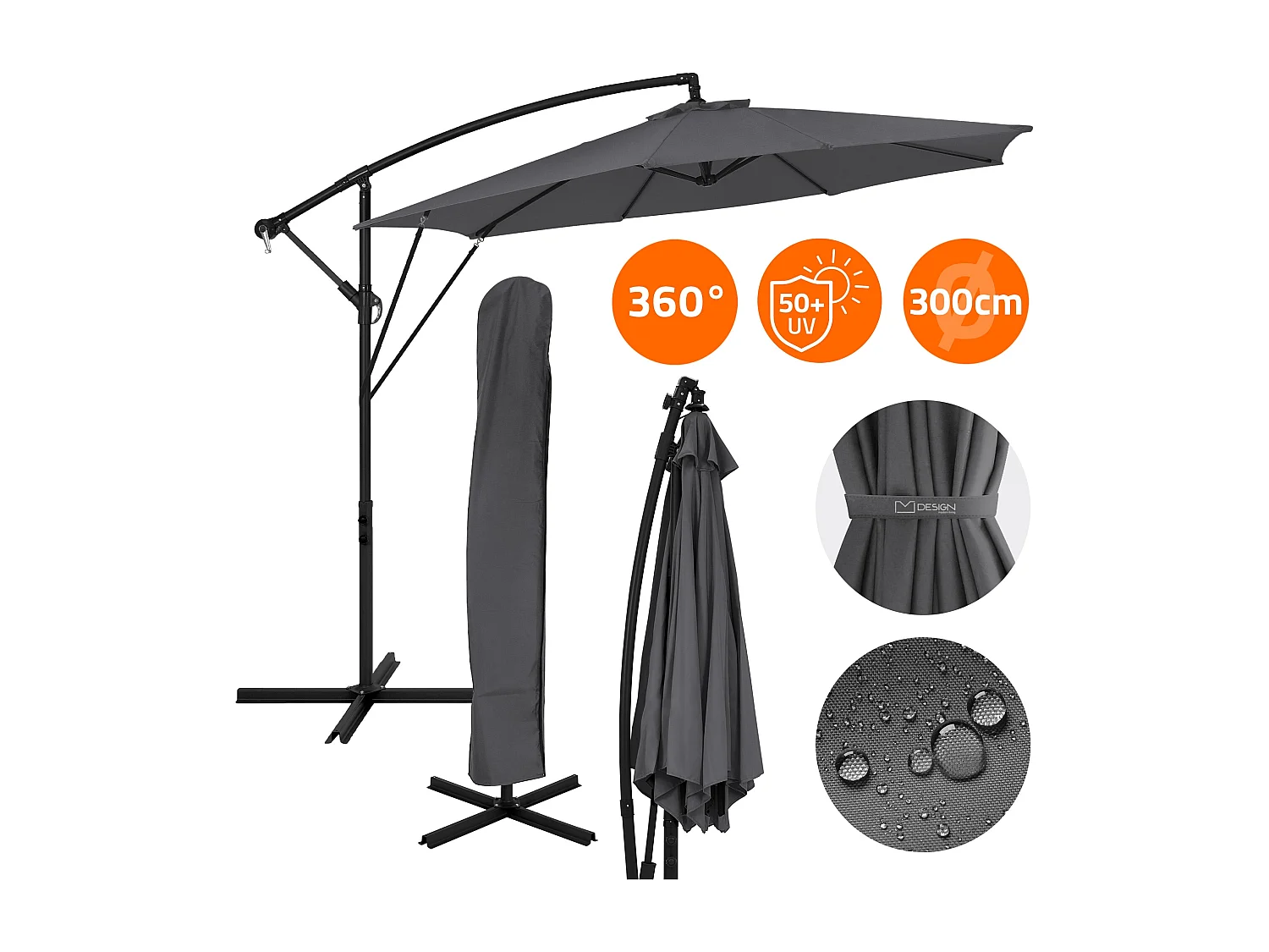 ML-Design Sombrilla de jardín Ø300cm de aluminio antracita parasol volafiza de terraza con soporte, giratoria 360° e inclinable con manivela