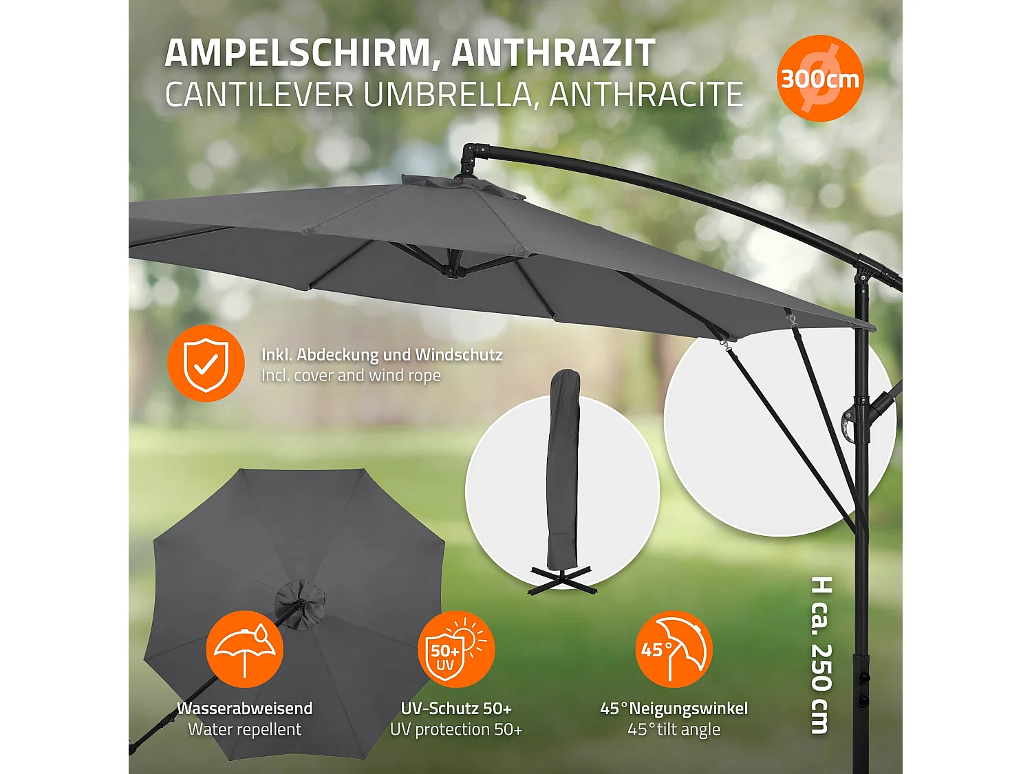 ML-Design Sombrilla de jardín Ø300cm de aluminio antracita parasol volafiza de terraza con soporte, giratoria 360° e inclinable con manivela