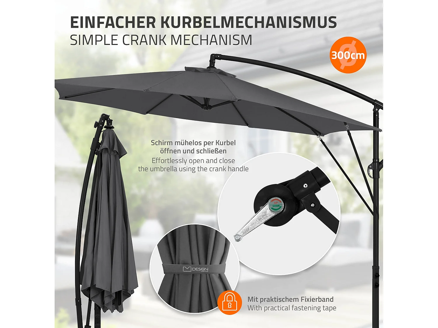 ML-Design Sombrilla de jardín Ø300cm de aluminio antracita parasol volafiza de terraza con soporte, giratoria 360° e inclinable con manivela