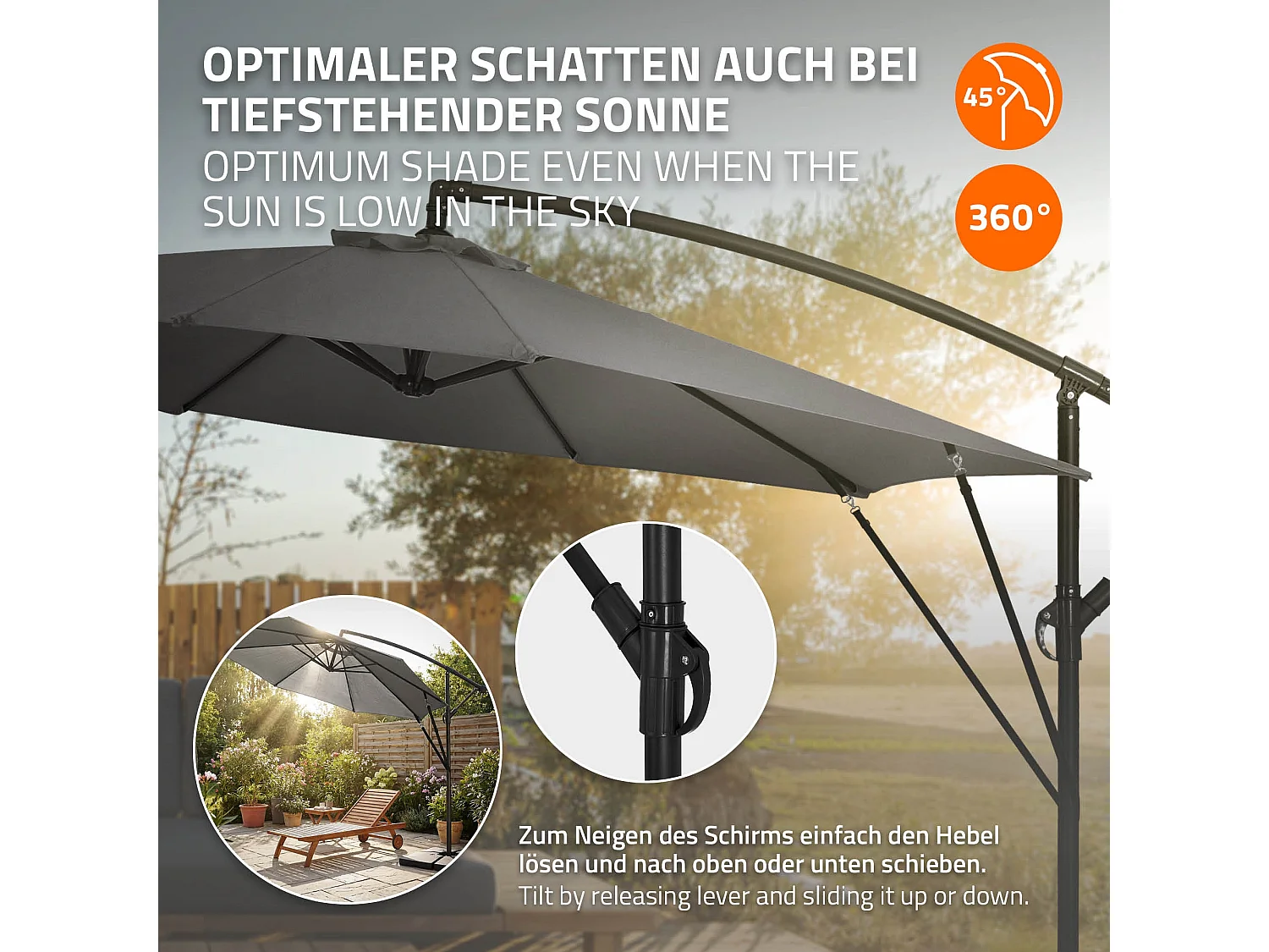 ML-Design Sombrilla de jardín Ø300cm de aluminio antracita parasol volafiza de terraza con soporte, giratoria 360° e inclinable con manivela