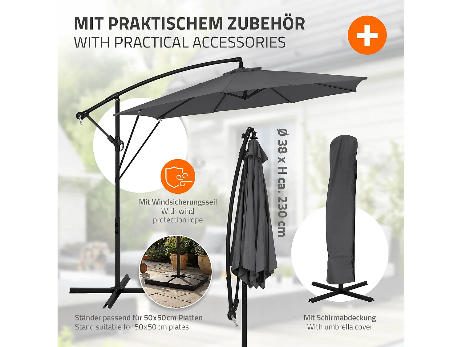 ML-Design Sombrilla de jardín Ø300cm de aluminio antracita parasol volafiza de terraza con soporte, giratoria 360° e inclinable con manivela