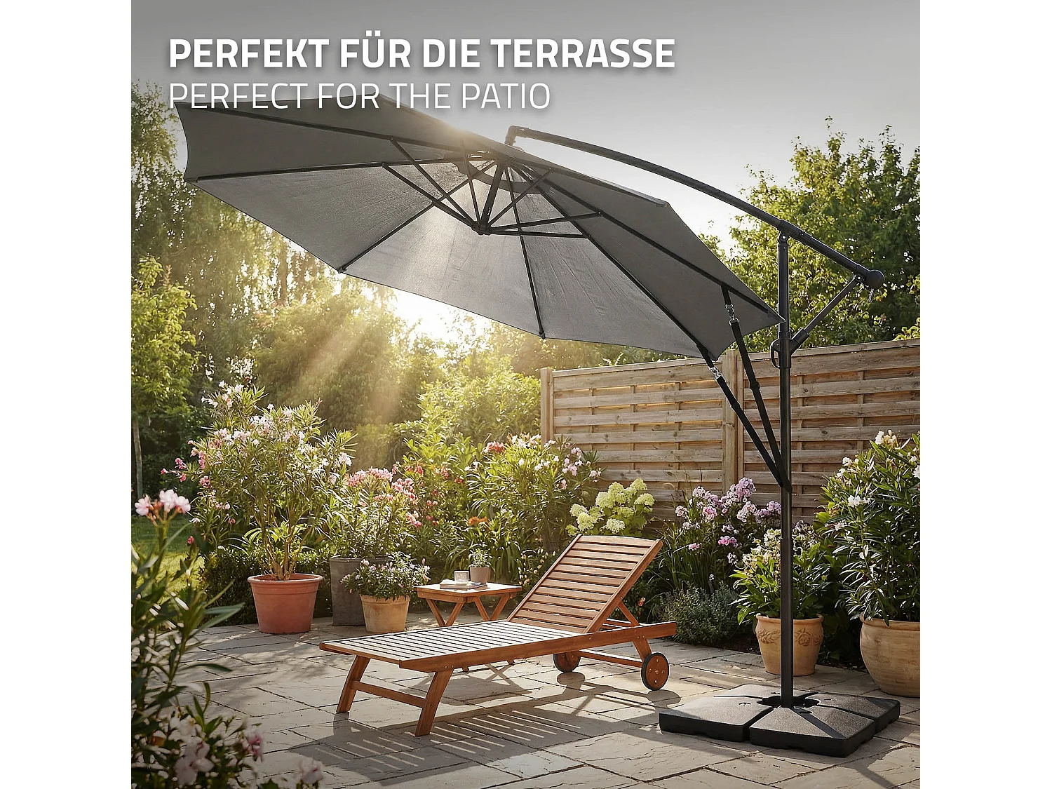 ML-Design Sombrilla de jardín Ø300cm de aluminio antracita parasol volafiza de terraza con soporte, giratoria 360° e inclinable con manivela