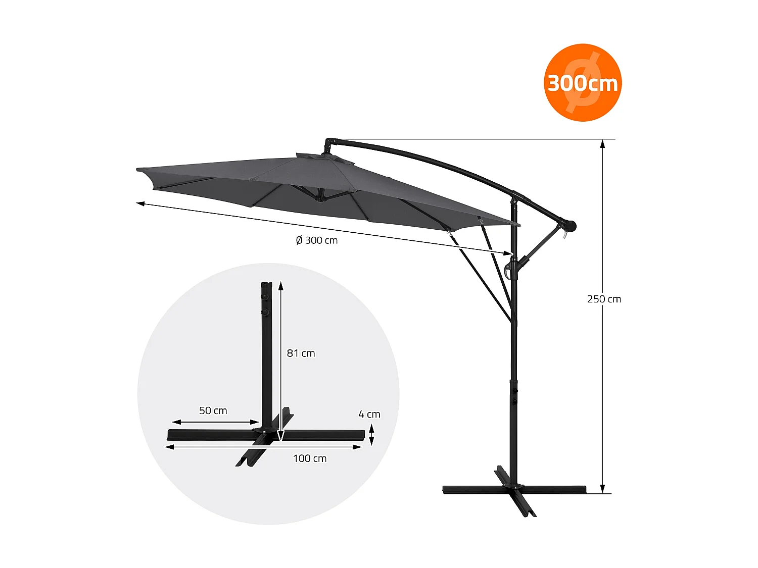 ML-Design Sombrilla de jardín Ø300cm de aluminio antracita parasol volafiza de terraza con soporte, giratoria 360° e inclinable con manivela