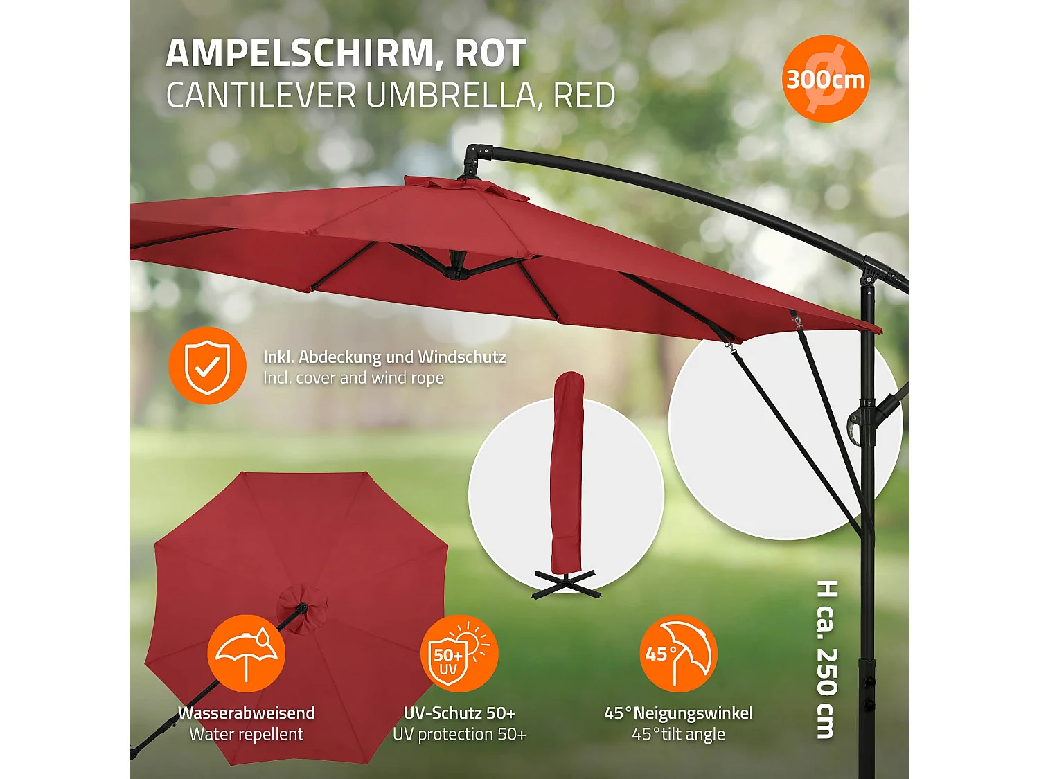 ML-Design Sombrilla de jardín Ø300cm de aluminio rojo parasol volafiza de terraza con soporte, giratoria 360° e inclinable con manivela