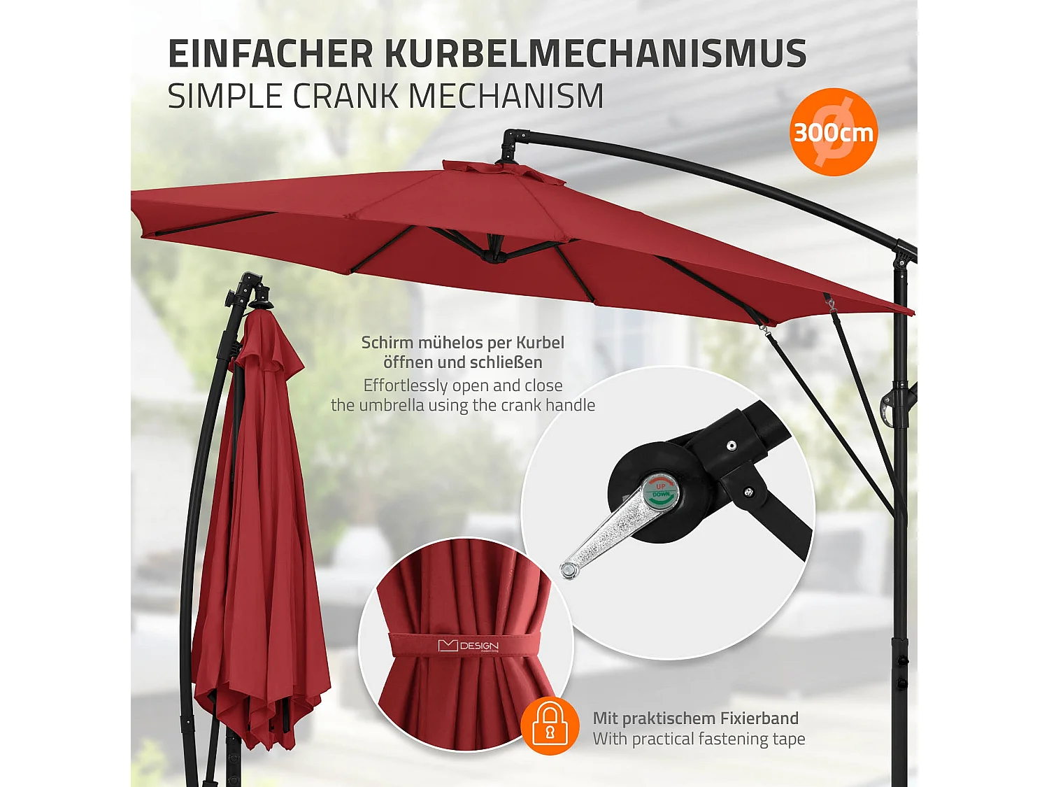 ML-Design Sombrilla de jardín Ø300cm de aluminio rojo parasol volafiza de terraza con soporte, giratoria 360° e inclinable con manivela