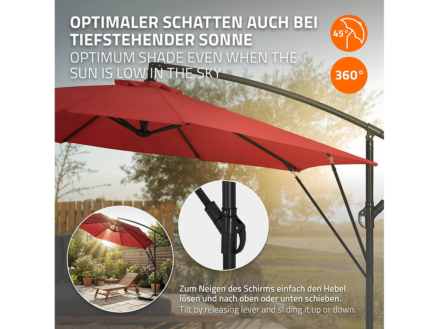 ML-Design Sombrilla de jardín Ø300cm de aluminio rojo parasol volafiza de terraza con soporte, giratoria 360° e inclinable con manivela