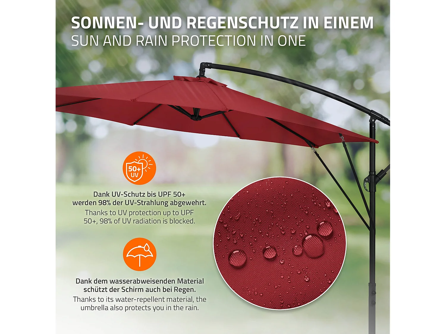 ML-Design Sombrilla de jardín Ø300cm de aluminio rojo parasol volafiza de terraza con soporte, giratoria 360° e inclinable con manivela