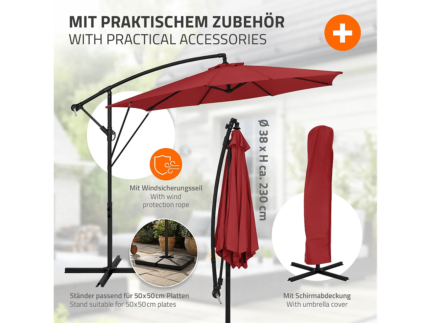 ML-Design Sombrilla de jardín Ø300cm de aluminio rojo parasol volafiza de terraza con soporte, giratoria 360° e inclinable con manivela