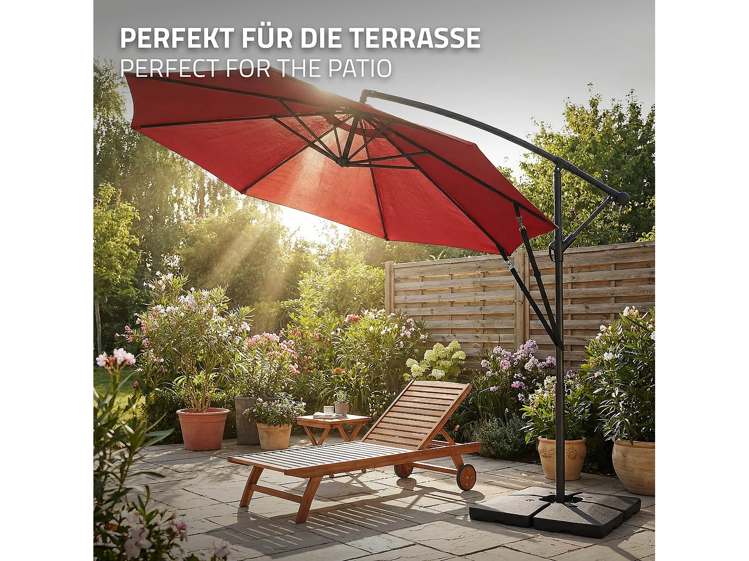 ML-Design Sombrilla de jardín Ø300cm de aluminio rojo parasol volafiza de terraza con soporte, giratoria 360° e inclinable con manivela