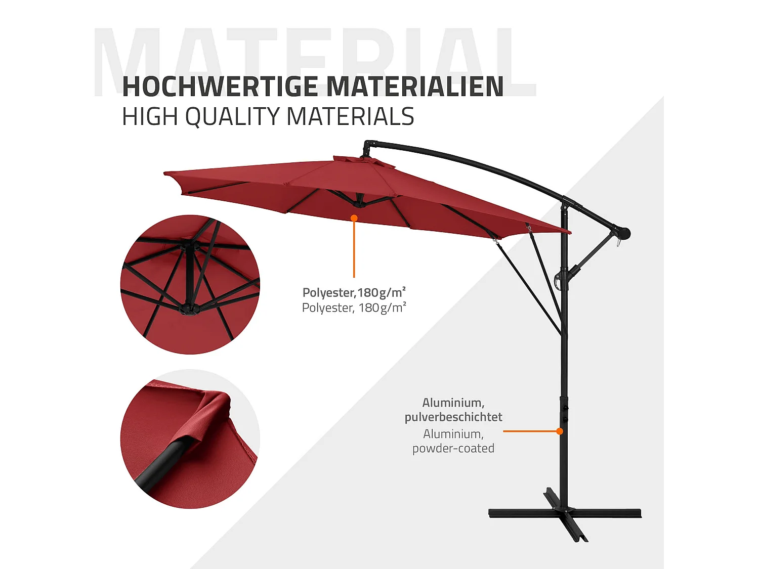 ML-Design Sombrilla de jardín Ø300cm de aluminio rojo parasol volafiza de terraza con soporte, giratoria 360° e inclinable con manivela