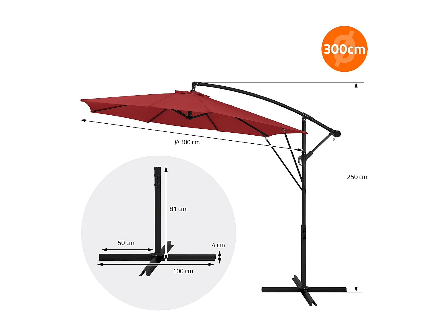 ML-Design Sombrilla de jardín Ø300cm de aluminio rojo parasol volafiza de terraza con soporte, giratoria 360° e inclinable con manivela