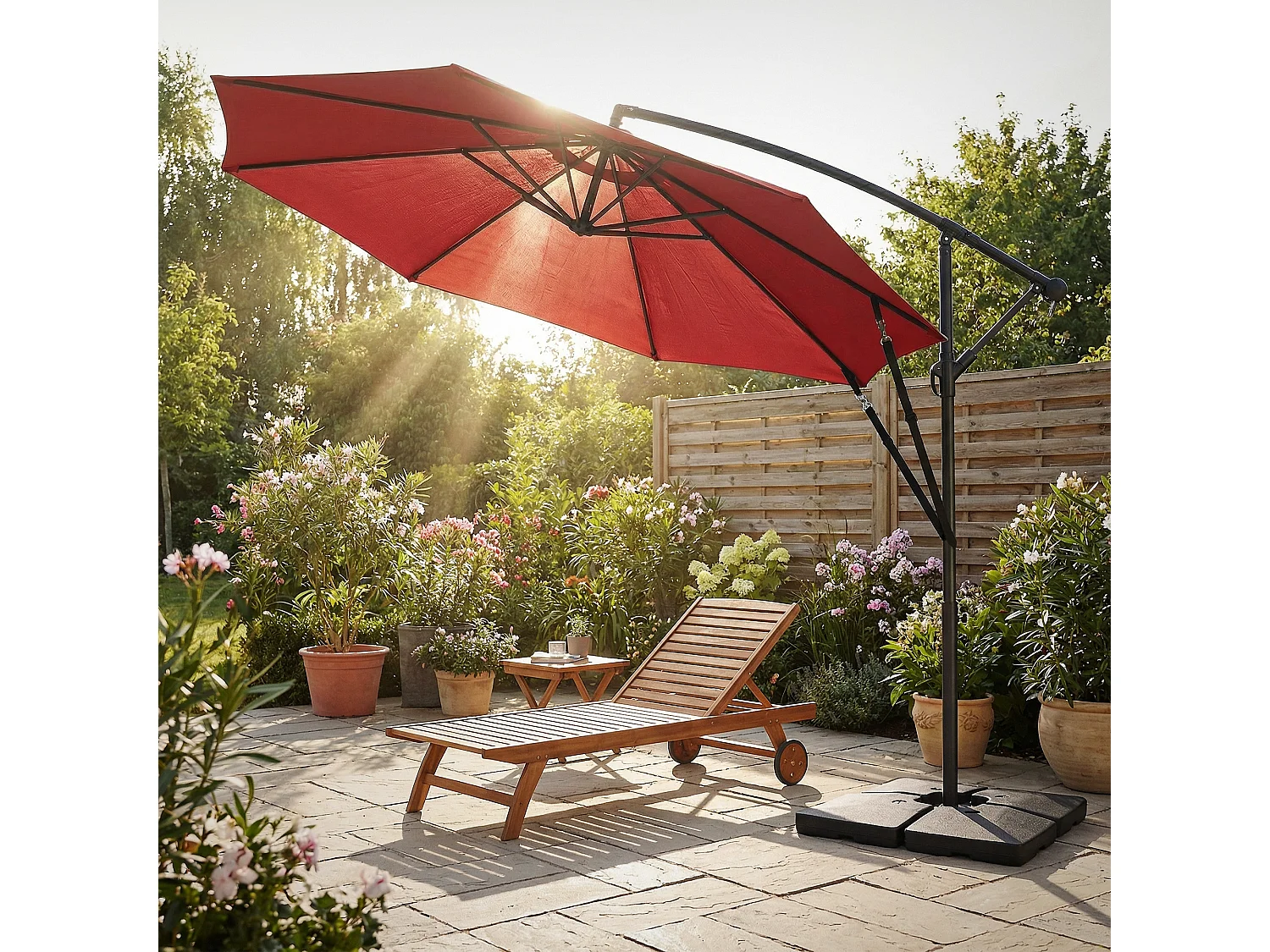 ML-Design Sombrilla de jardín Ø300cm de aluminio rojo parasol volafiza de terraza con soporte, giratoria 360° e inclinable con manivela