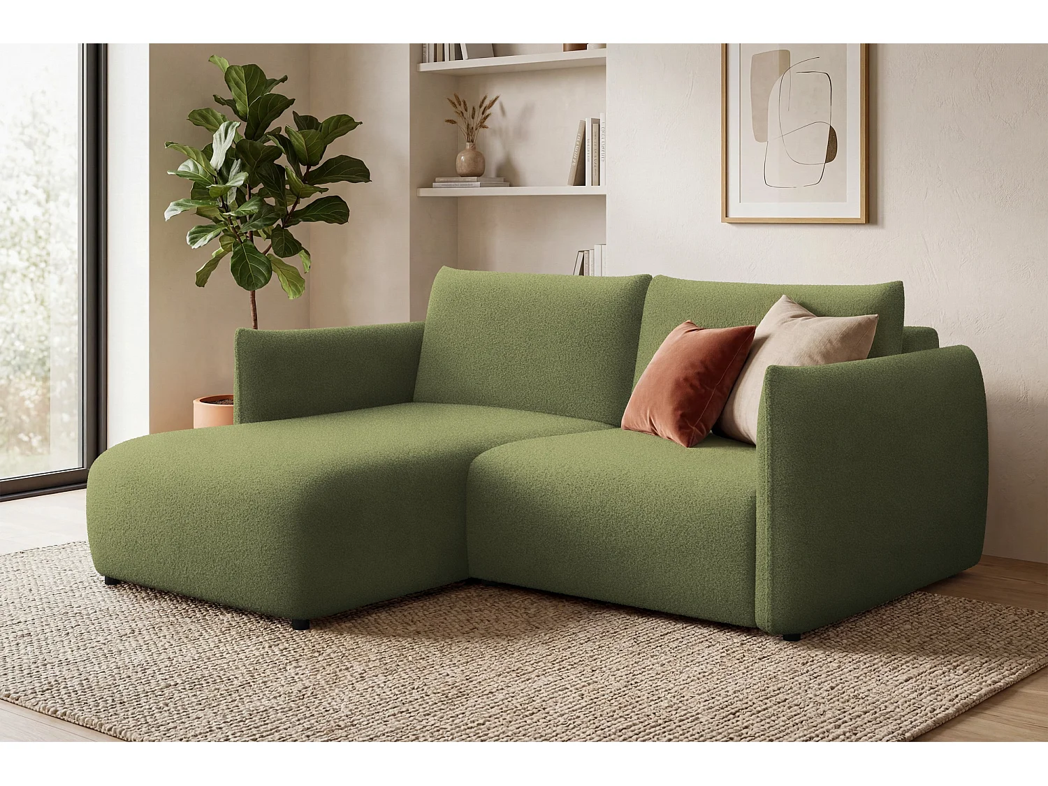 Ecksofa 3-Sitzer links TAUER, Bouclé-Stoff grün